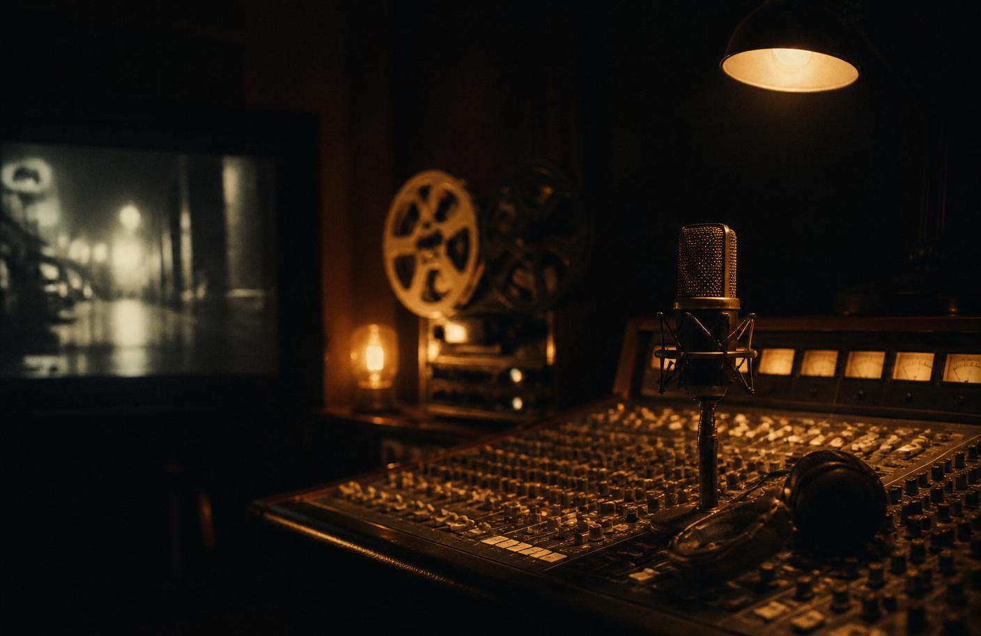 Dark dubbing studio lit in amber, microphone over a mixing desk